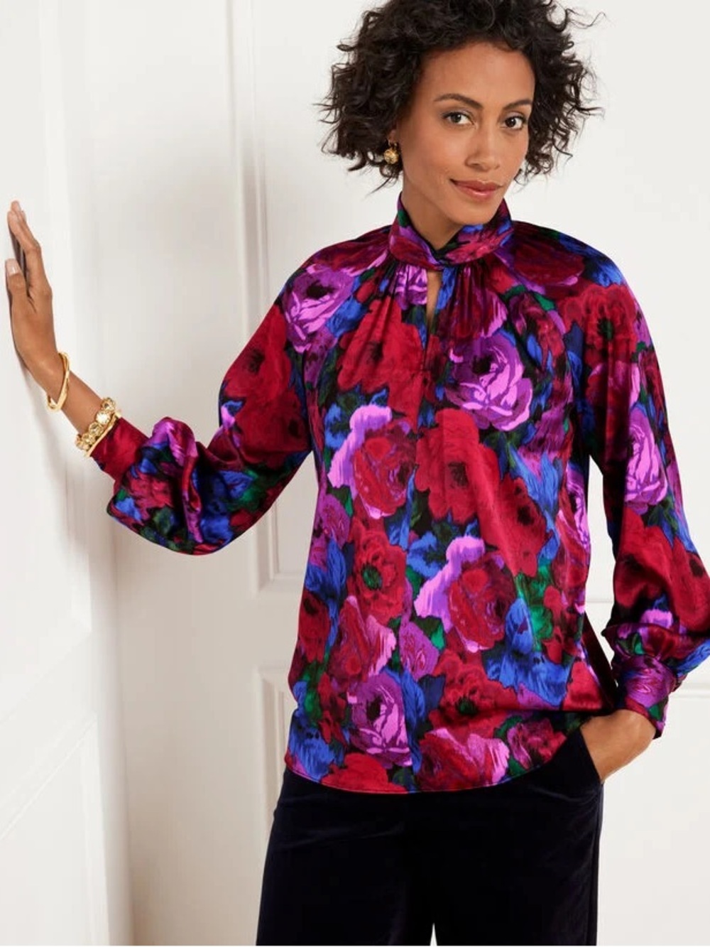 Talbots Red & Purple Floral Tie-Neck Blouse